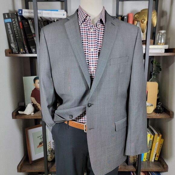 Calvin Klein Men's Sport Coat Blazer Two Button Gray Nail Head Wool Slim Fit 44L